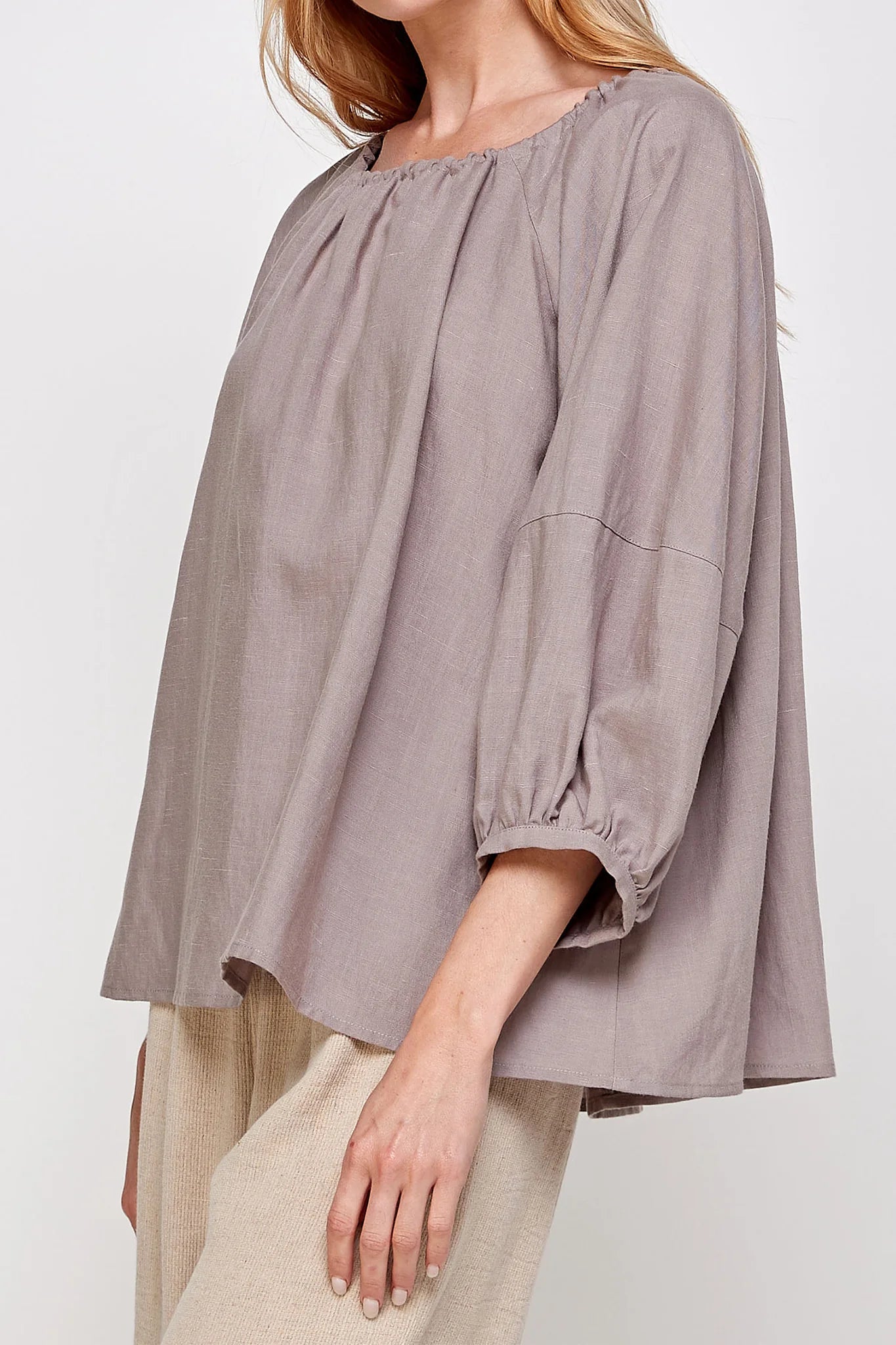 Round Neck Shirred Balloon-Sleeve Top