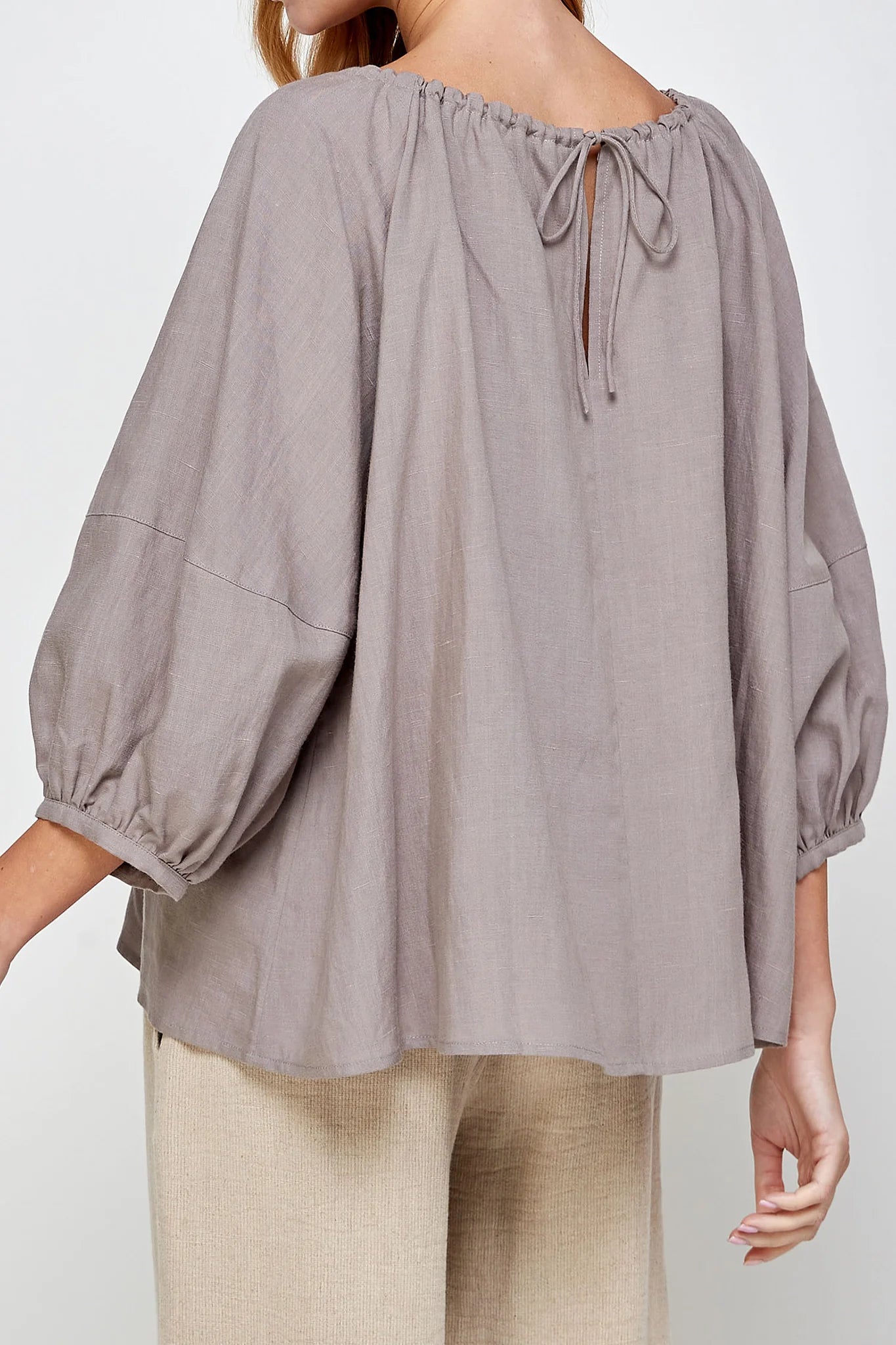 Round Neck Shirred Balloon-Sleeve Top