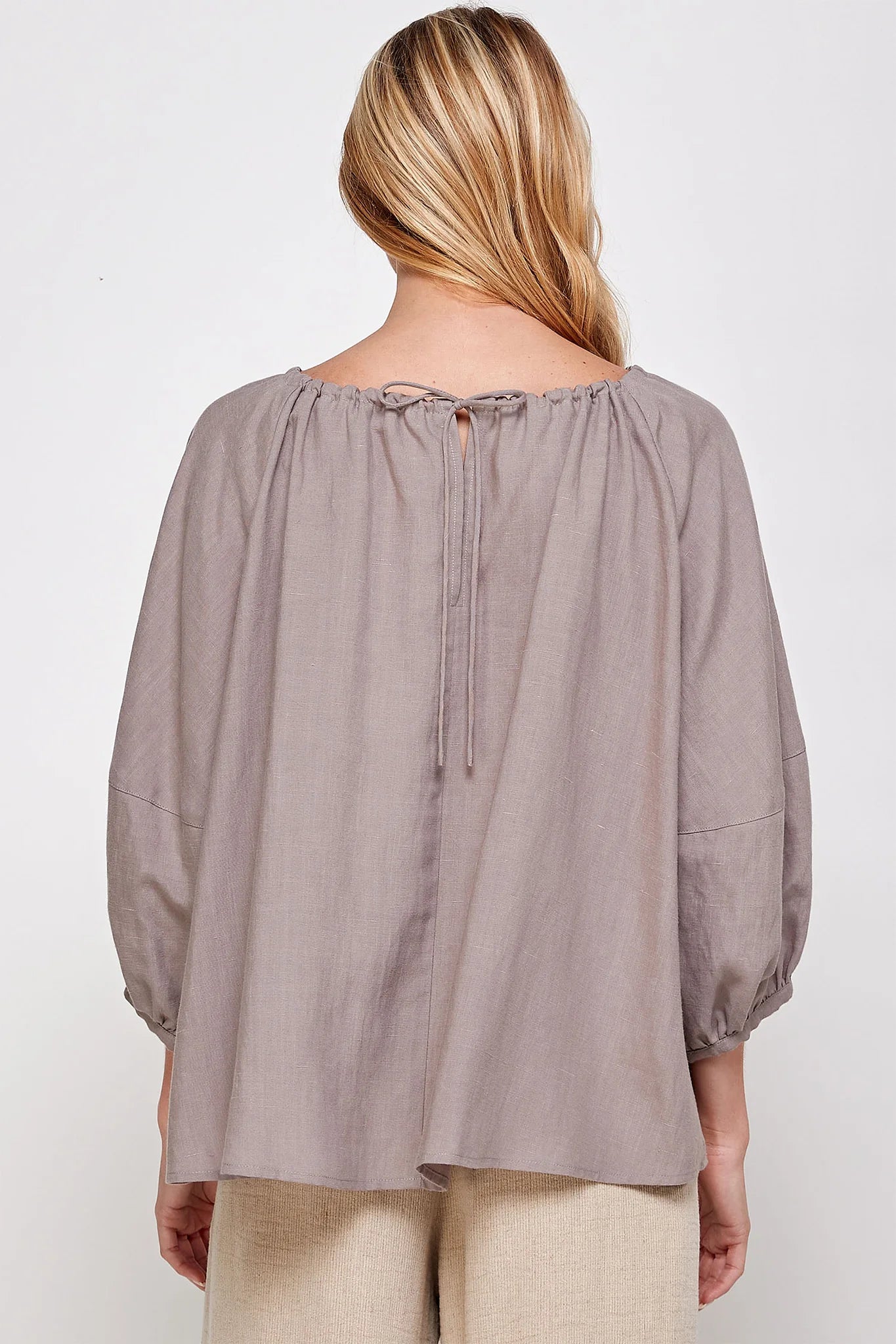 Round Neck Shirred Balloon-Sleeve Top