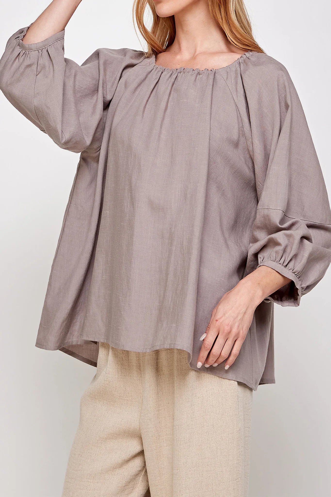 Round Neck Shirred Balloon-Sleeve Top