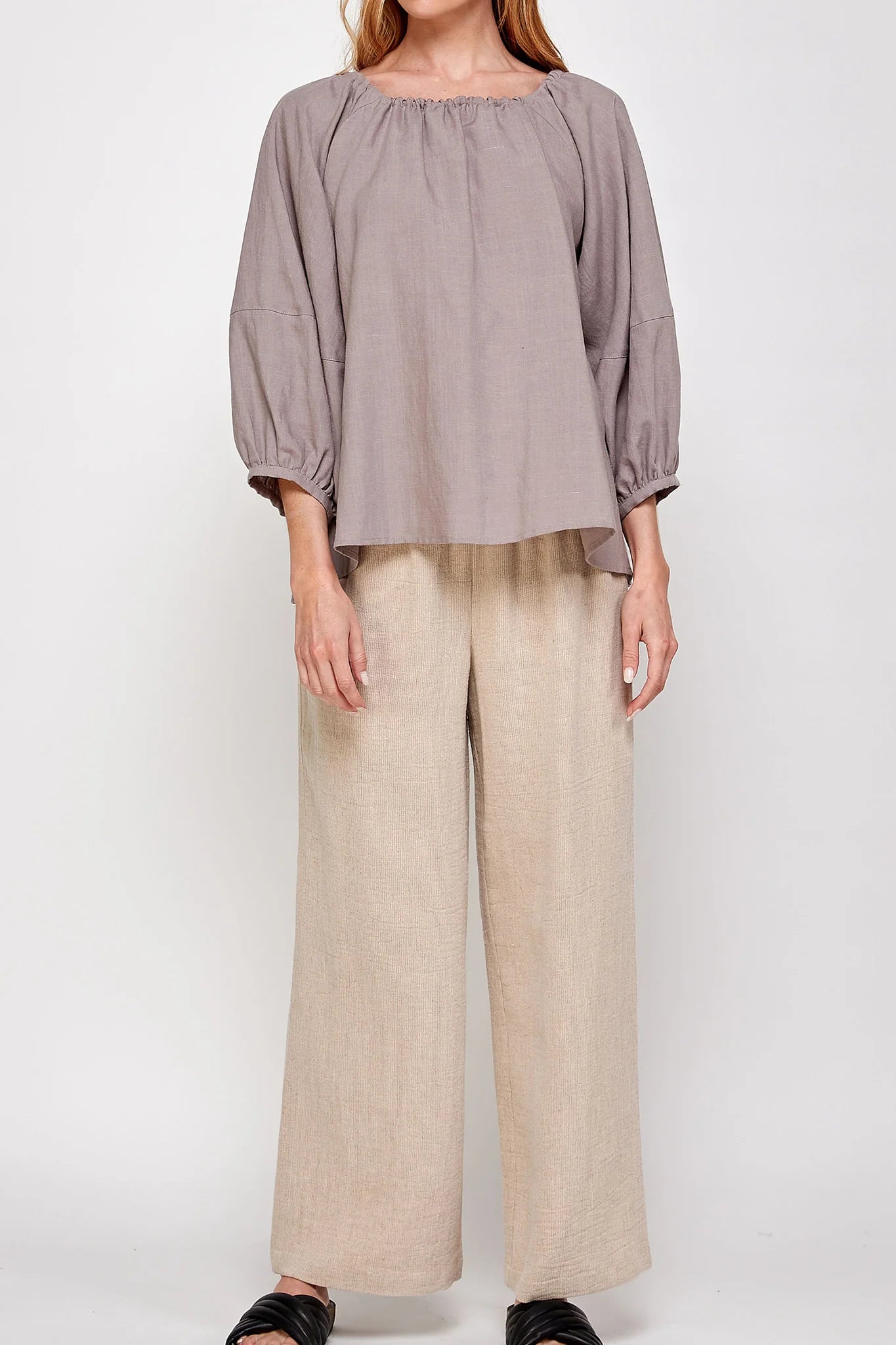 Round Neck Shirred Balloon-Sleeve Top