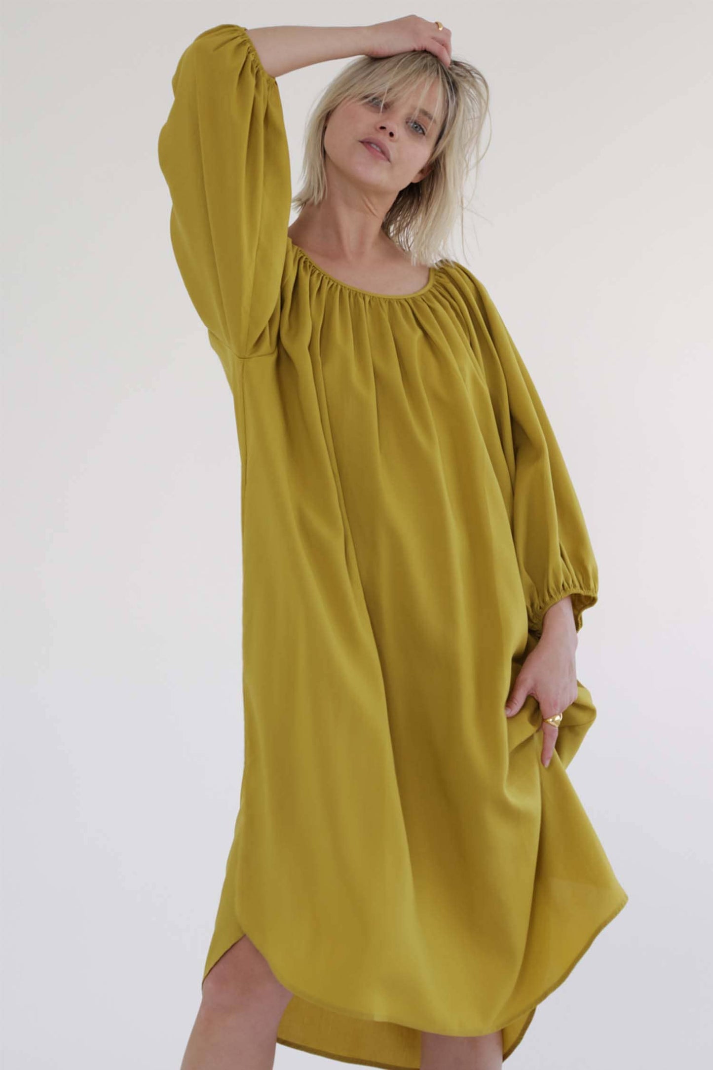 Crewneck Peasant Midi Dress