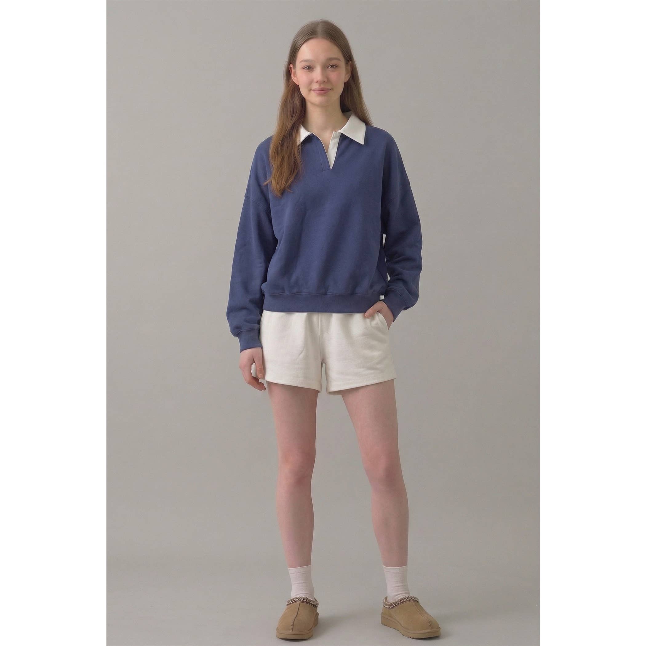 Cotton Fleece Rugby Sweatshirt | Blue + White