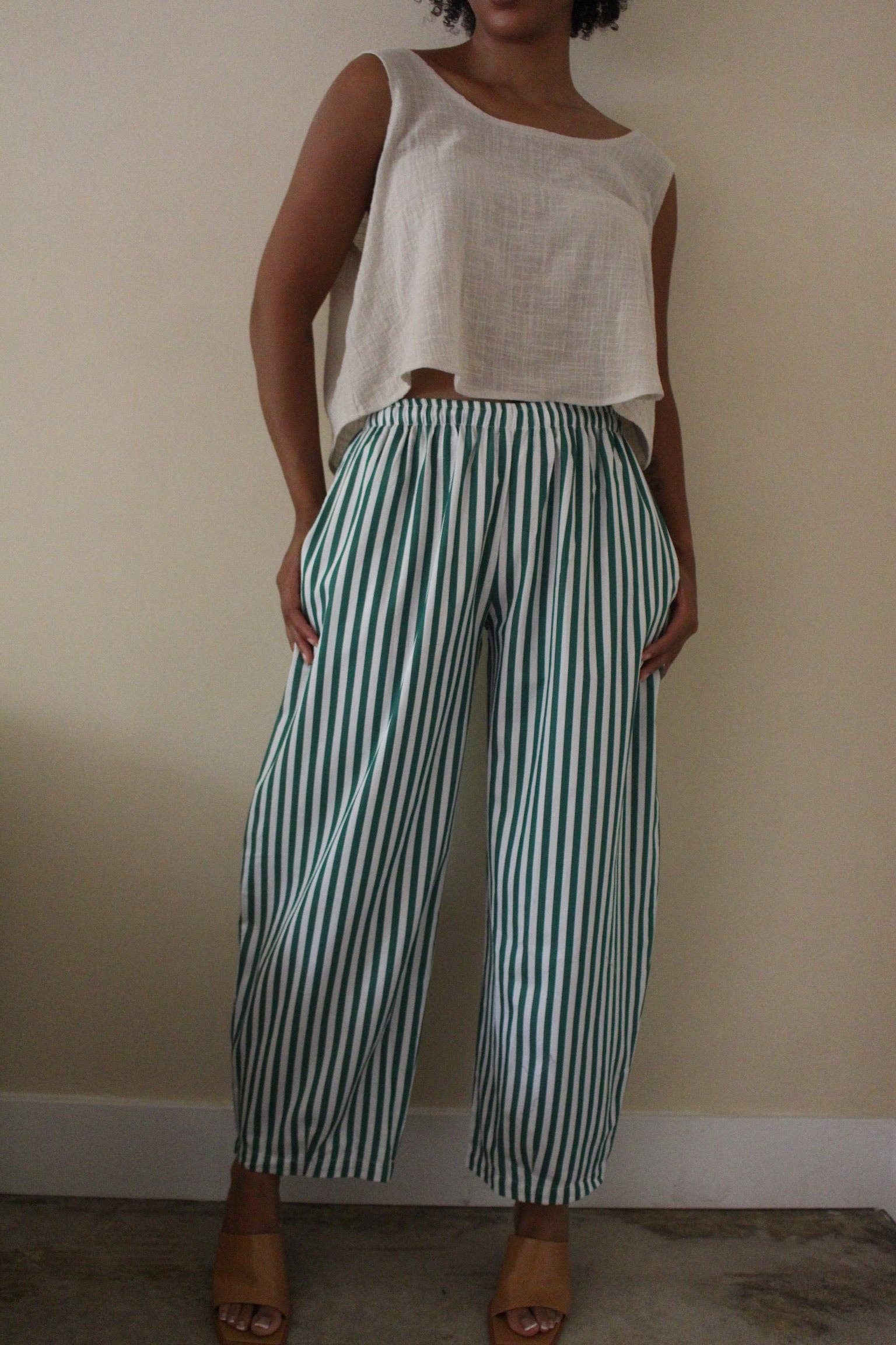 Camden Striped Poplin Curve Pant | Green & White Stripe