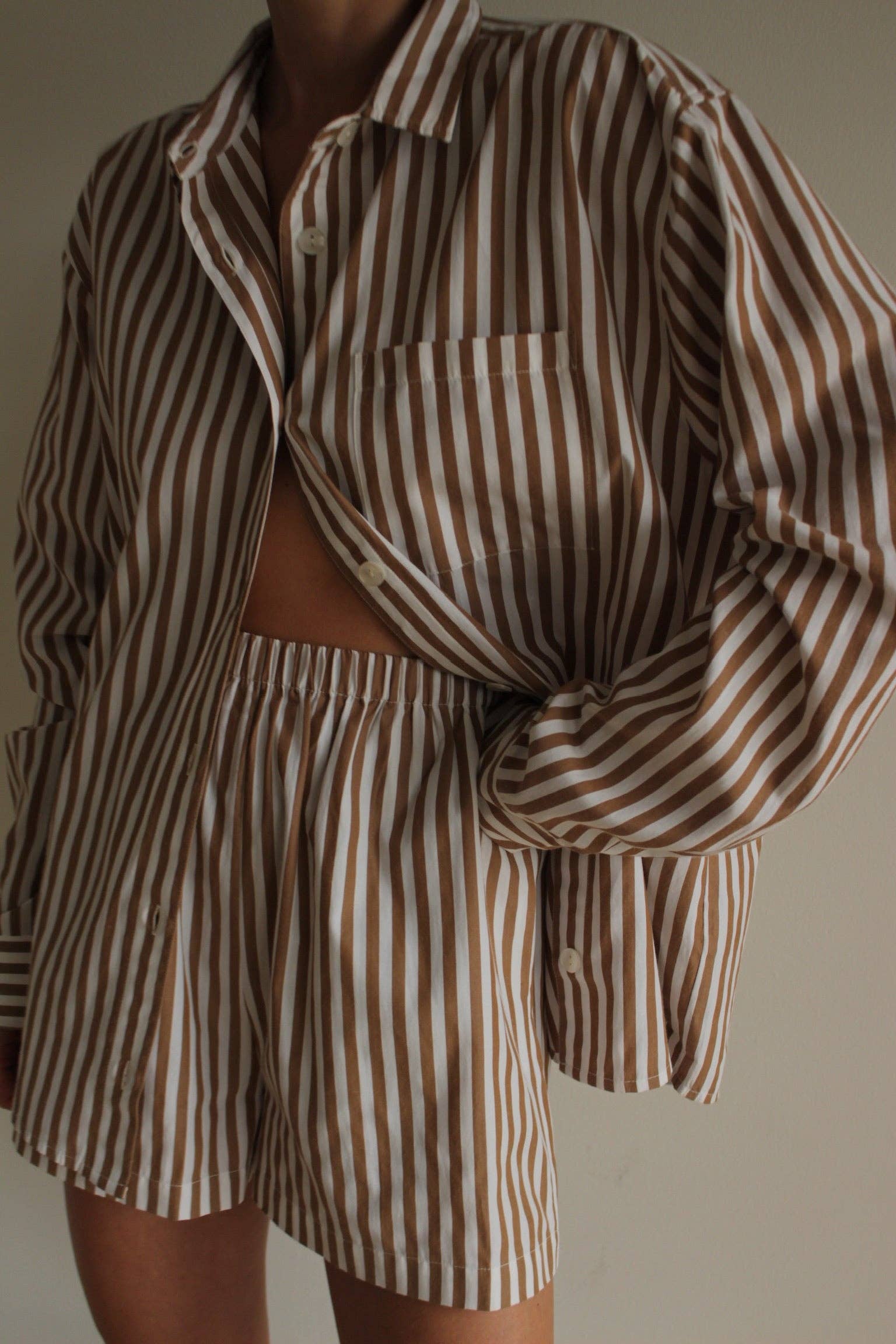 Arlo Paper Cotton Button Up: Caramel + Cream Stripe