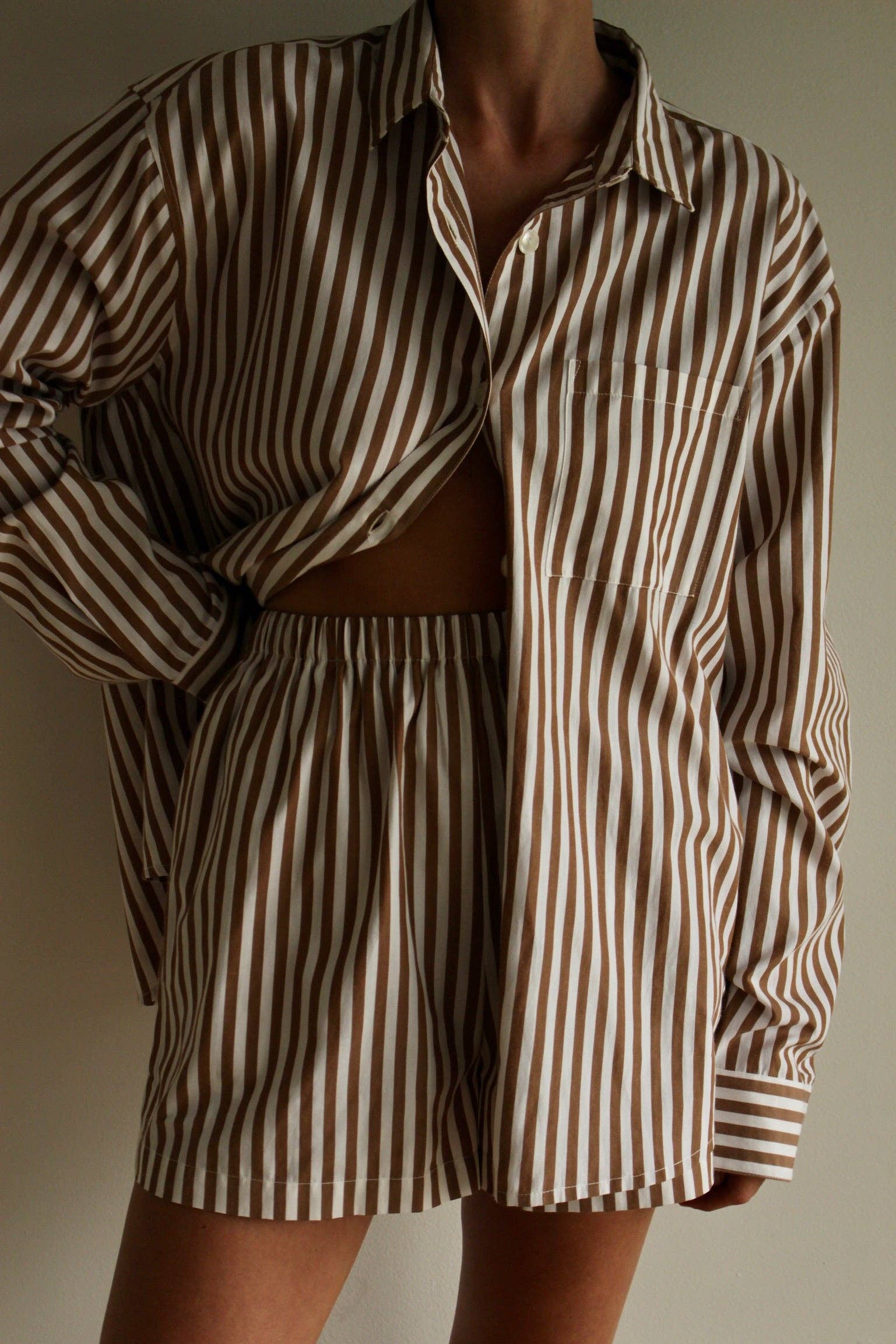 Arlo Paper Cotton Button Up: Caramel + Cream Stripe