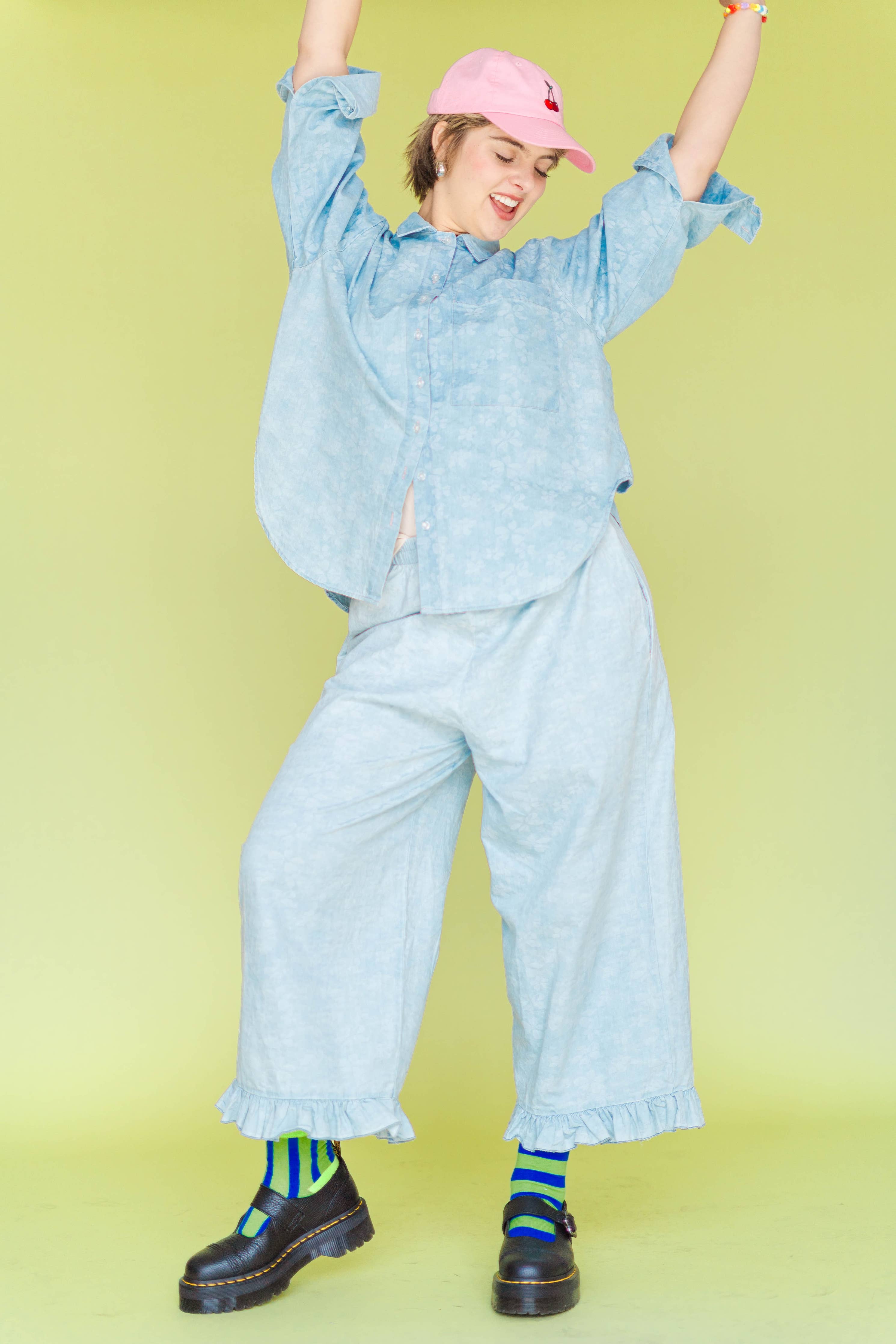 Floral Chambray Ruffle Pants