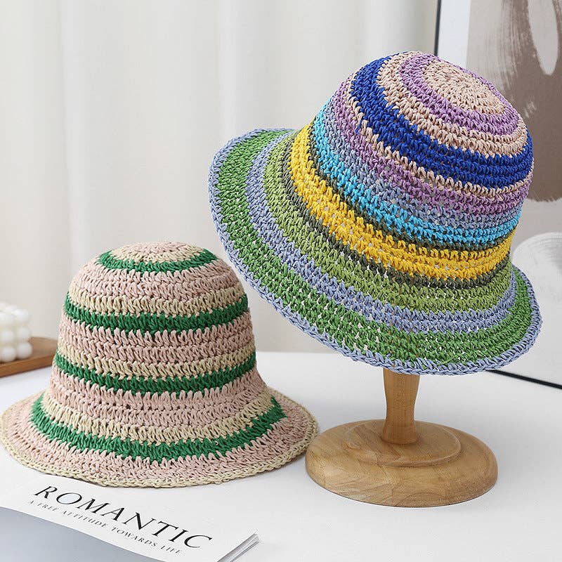 Dipped Shop - Casual Color Block Woven Staw Beach Buckt Hat 8BK6HAT23: Blue