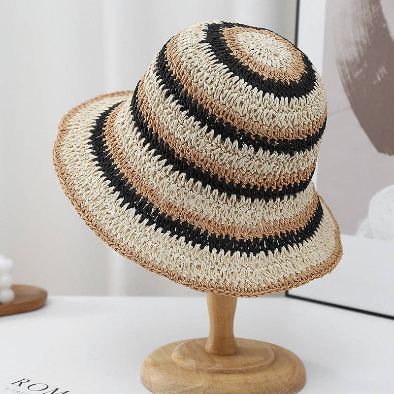 Dipped Shop - Casual Color Block Woven Staw Beach Buckt Hat 8BK6HAT23: Pink