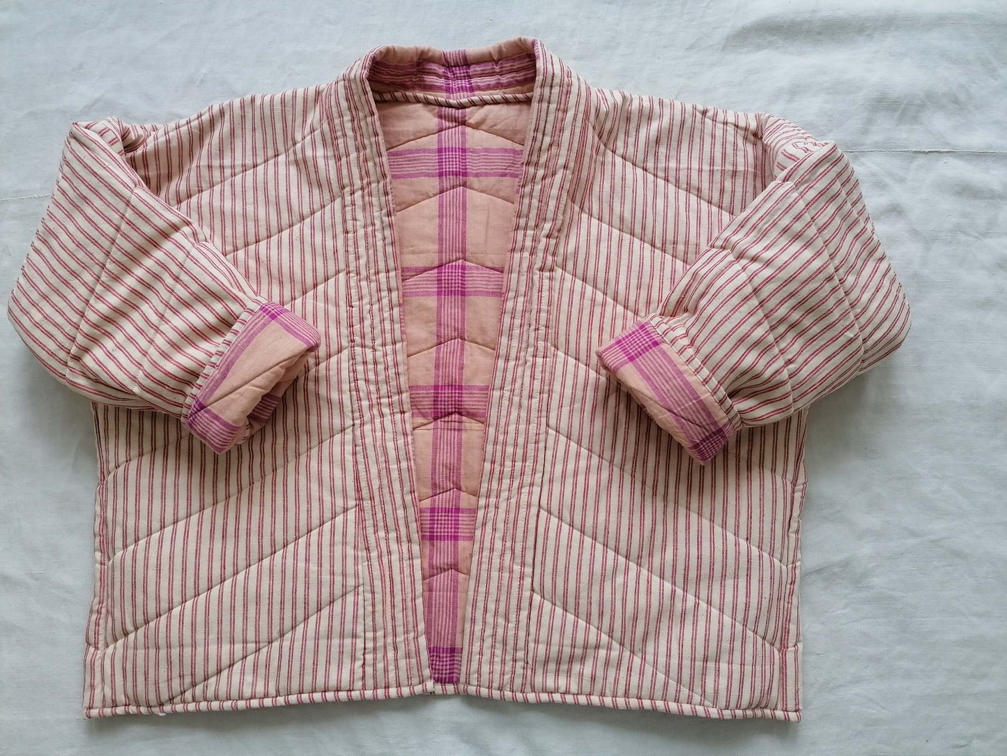 Quilted Cotton Jacket | Pink Check / Red Stripe