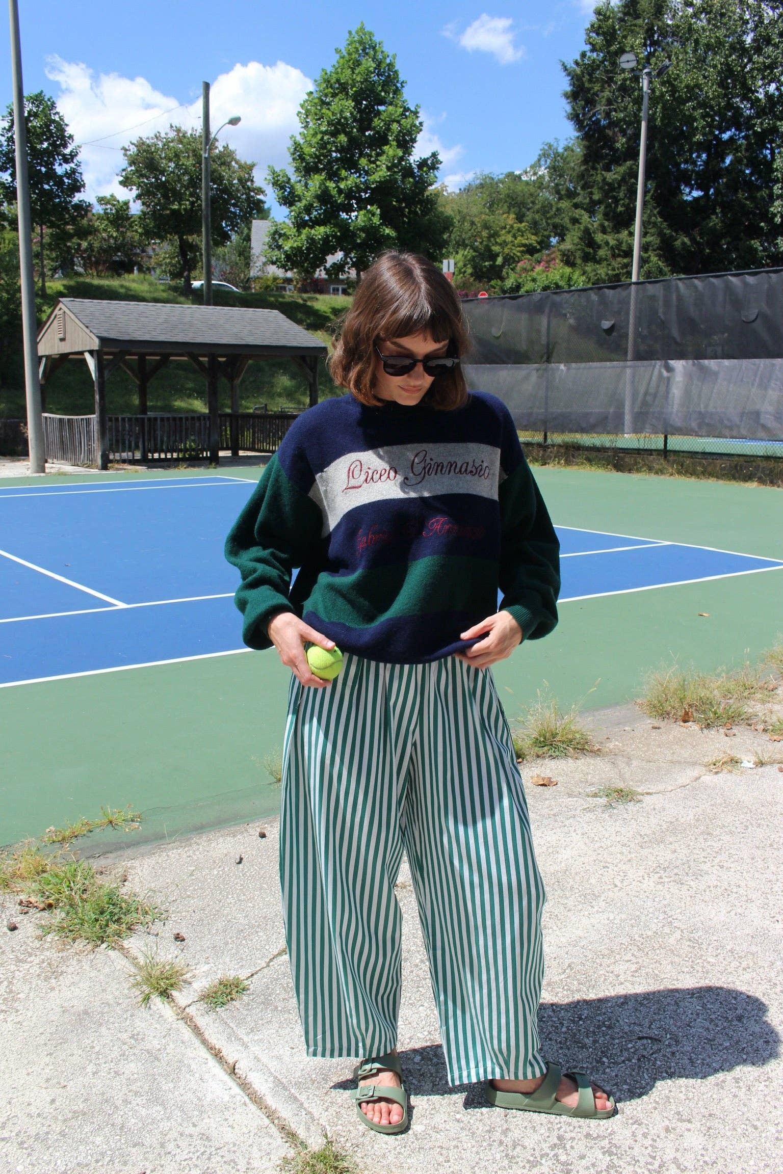 Camden Striped Poplin Curve Pant | Green & White Stripe