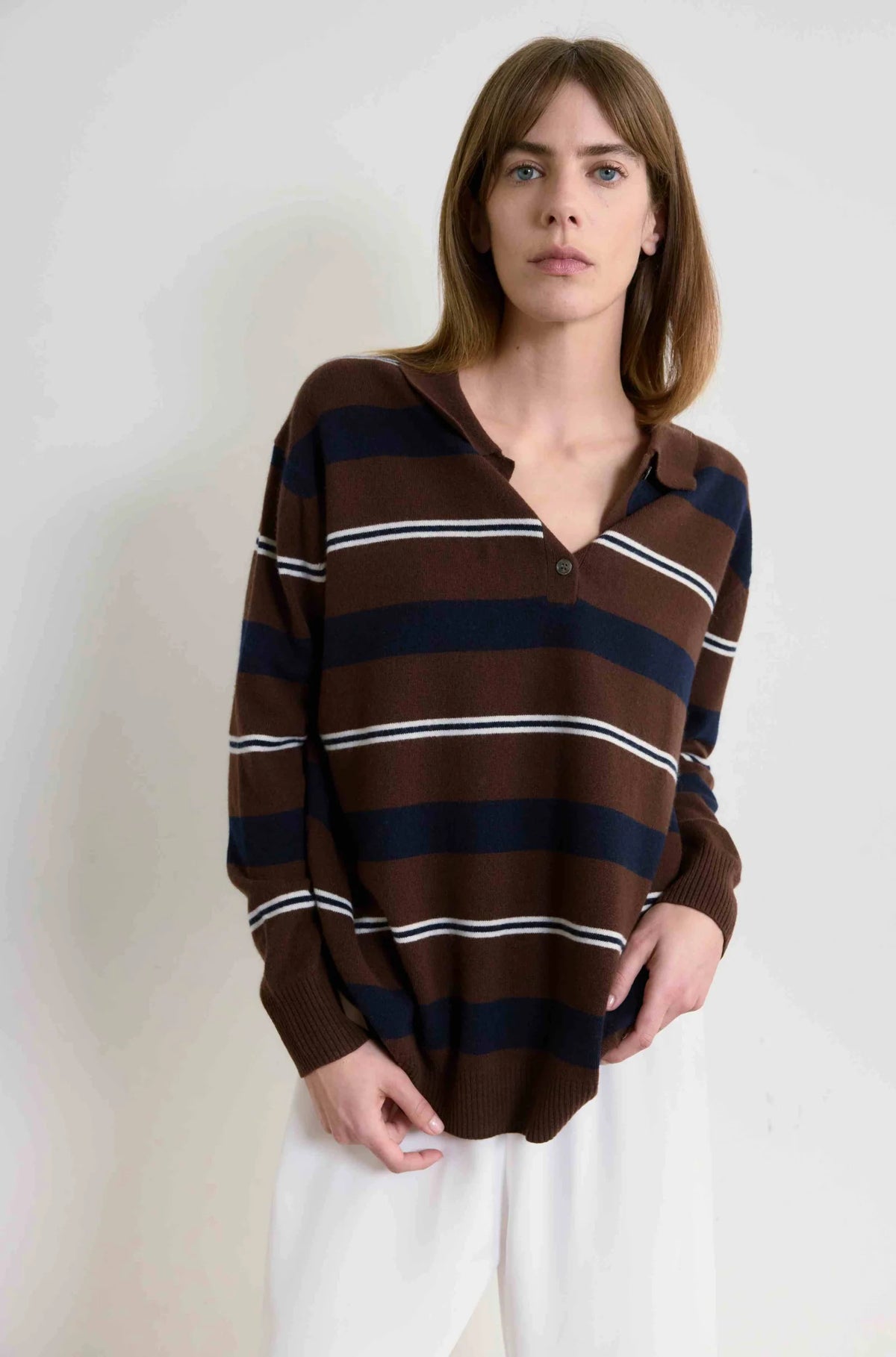 Lightweight Wool Polo | Brown Stripe