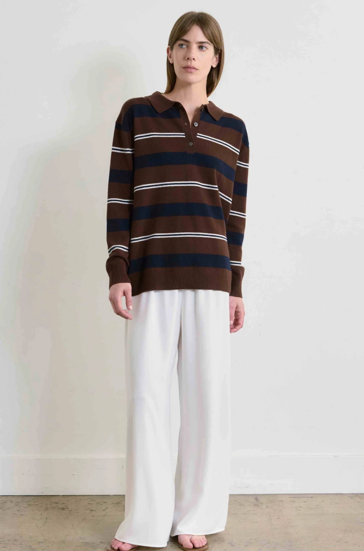 Lightweight Wool Polo | Brown Stripe