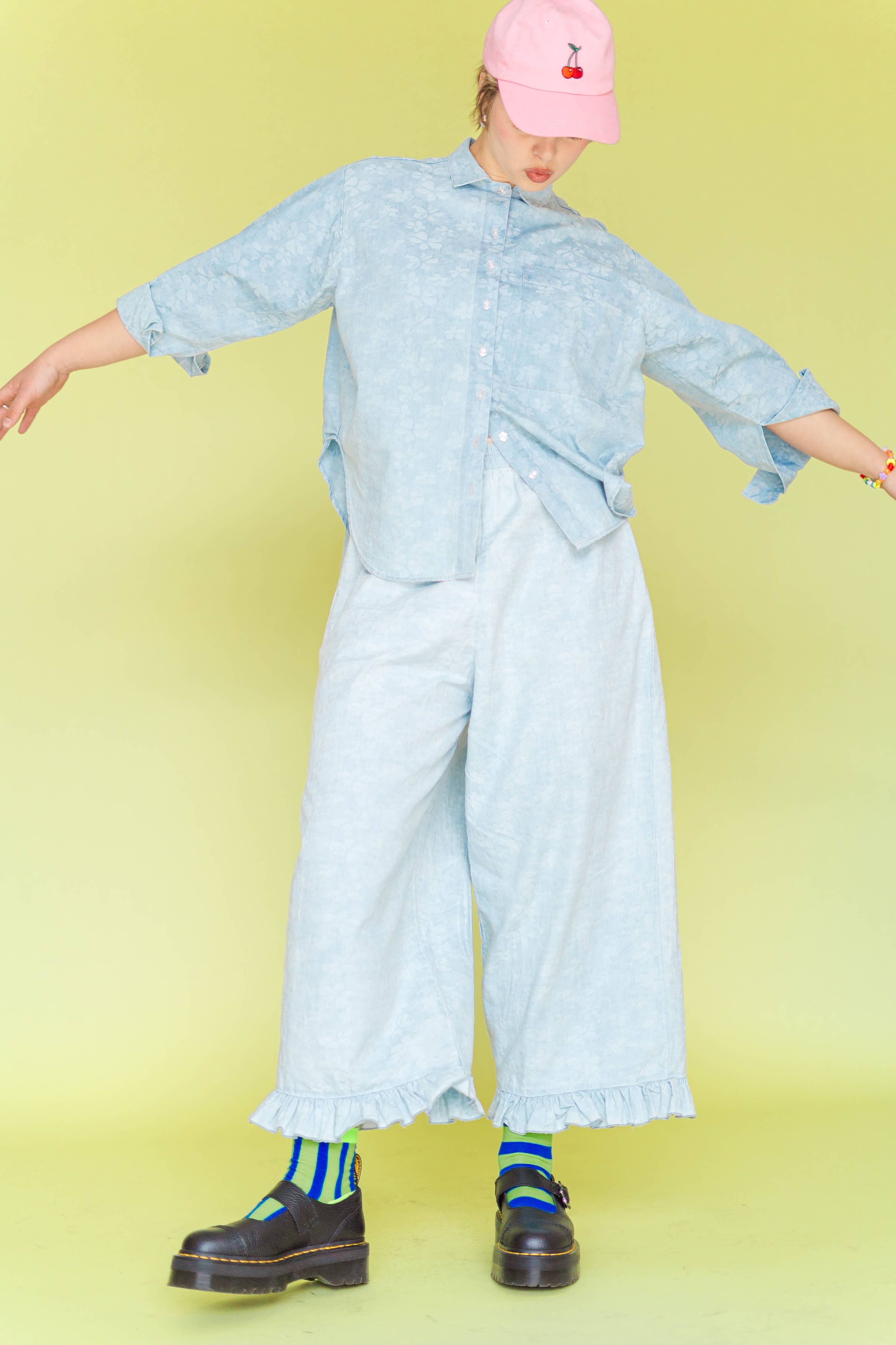 Floral Chambray Ruffle Pants
