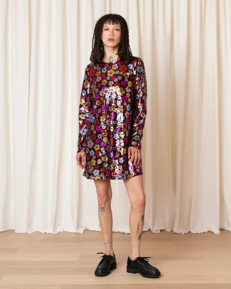 Long Sleeve Shift Dress | Flower Sequins