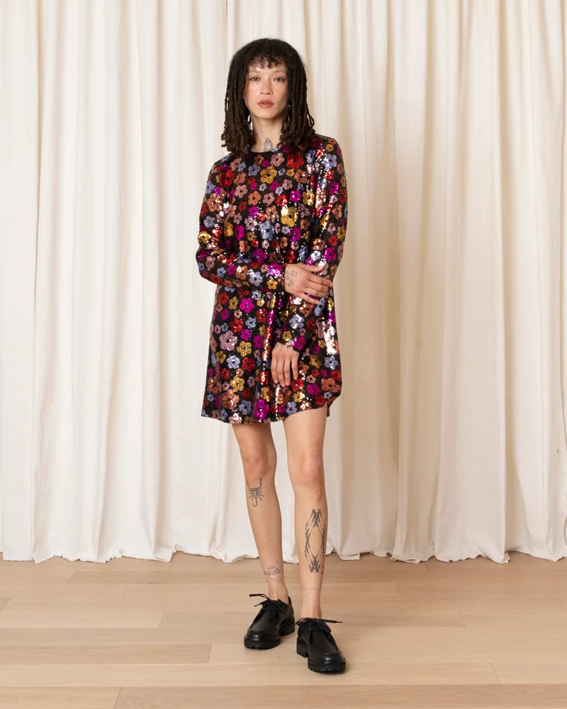 Long Sleeve Shift Dress | Flower Sequins