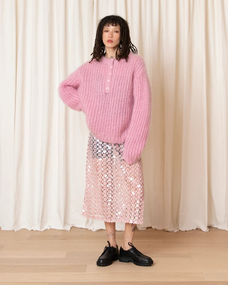 Oversized Pullover W/ Placket | Pink