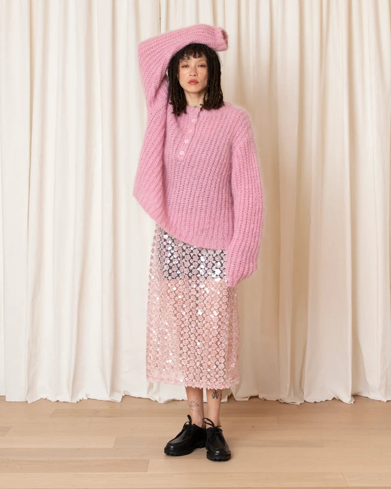 Oversized Pullover W/ Placket | Pink