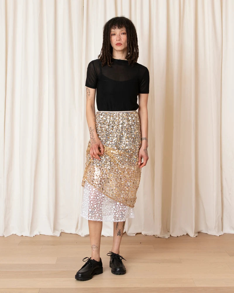 Layered Sequin Midi Skirt | Gold & White