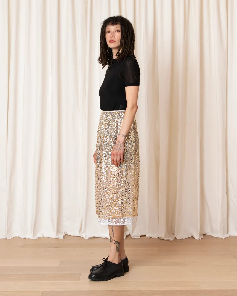 Layered Sequin Midi Skirt | Gold & White