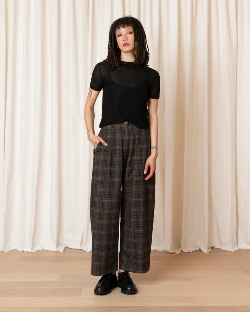 Wool Loose Barrel Pant | Black & Brown Plaid