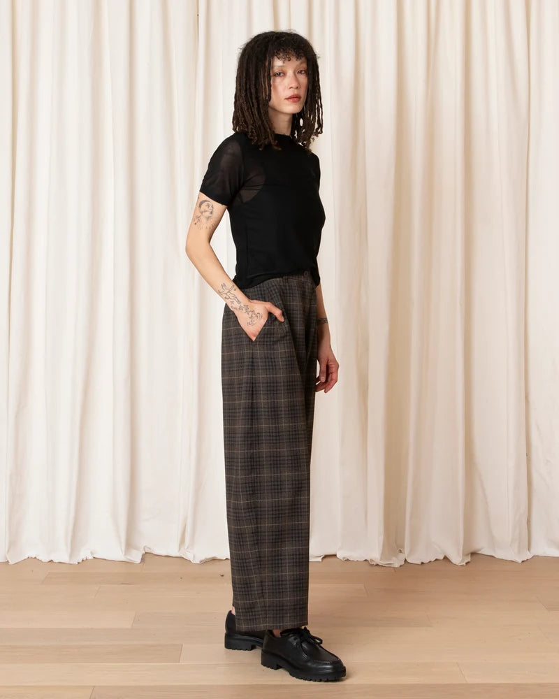 Wool Loose Barrel Pant | Black & Brown Plaid