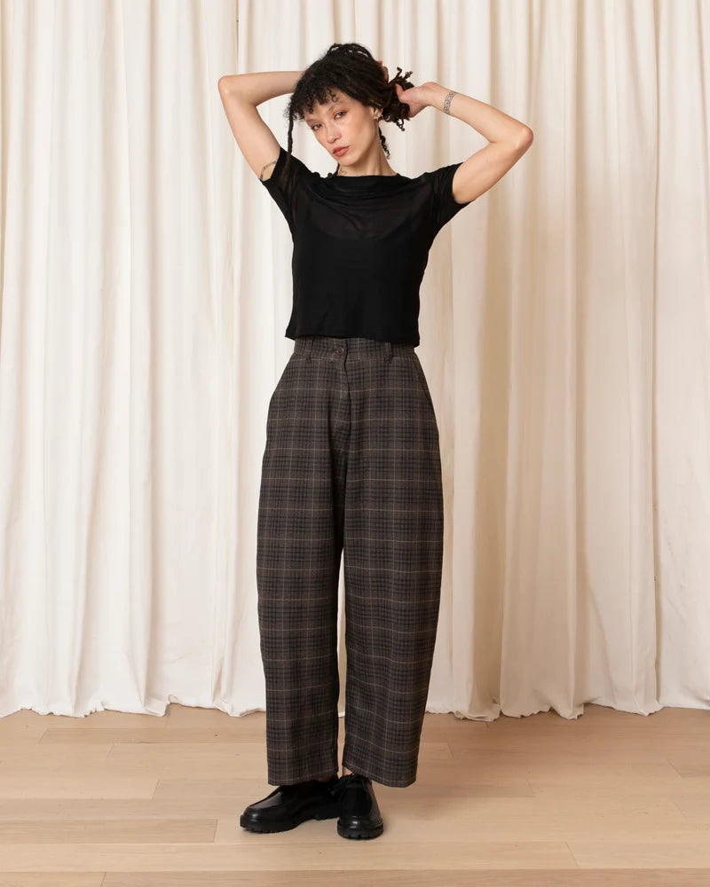 Wool Loose Barrel Pant | Black & Brown Plaid
