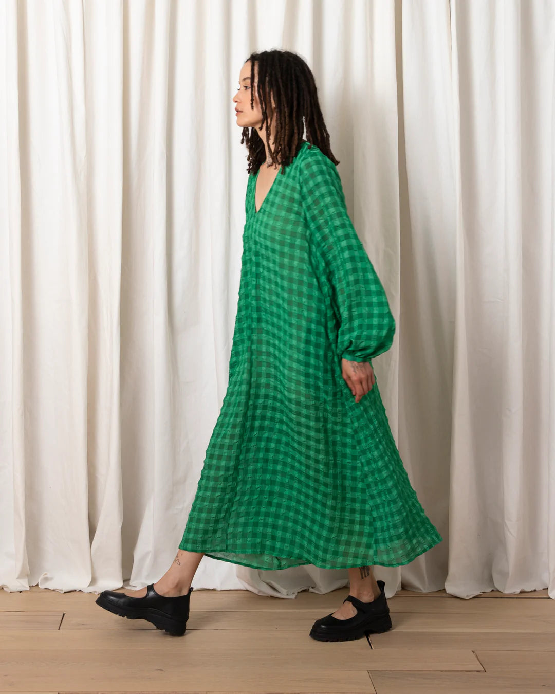 Long Sleeve V Neck Dress | Kelly Green Check