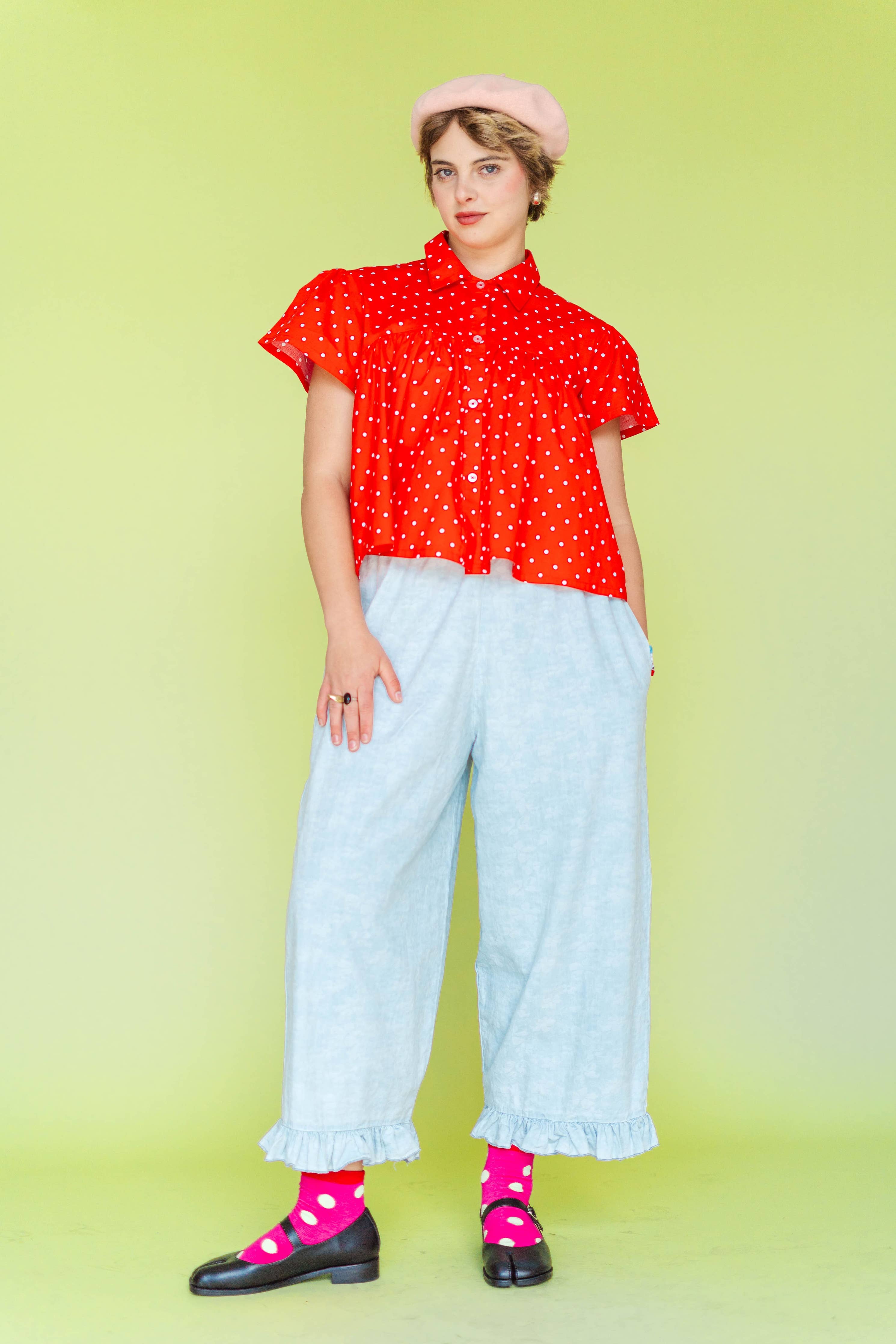 Floral Chambray Ruffle Pants