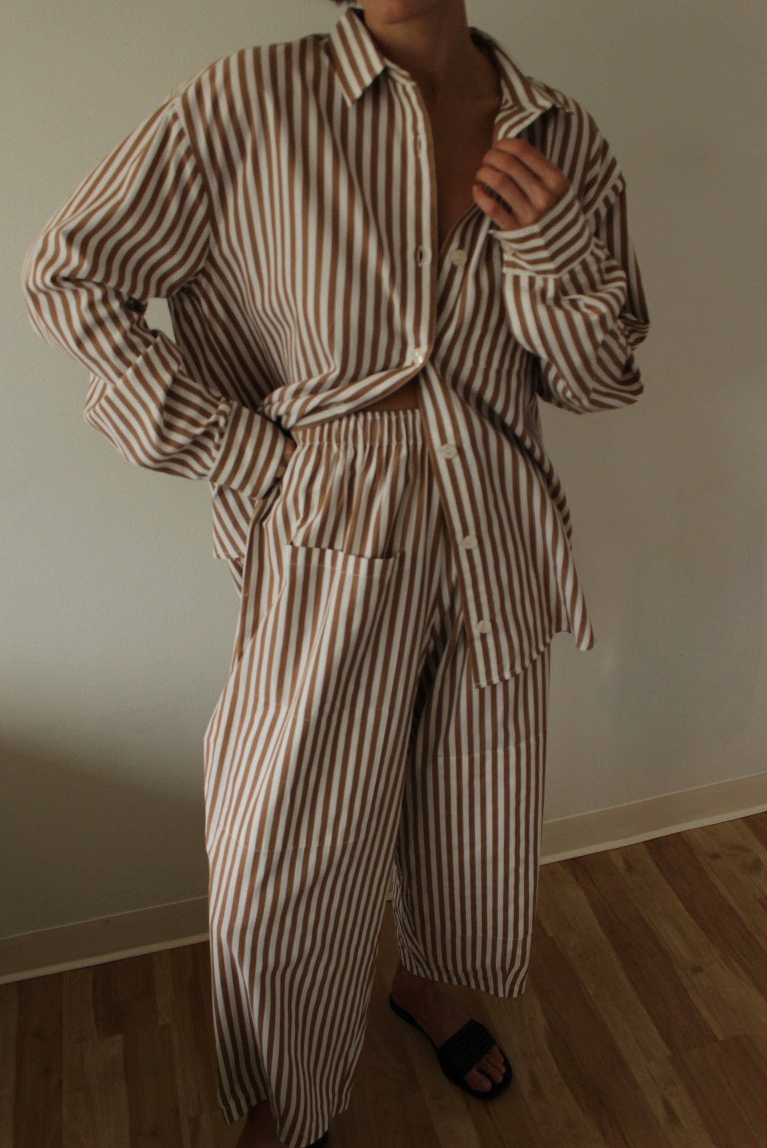 Arlo Paper Cotton Button Up: Caramel + Cream Stripe