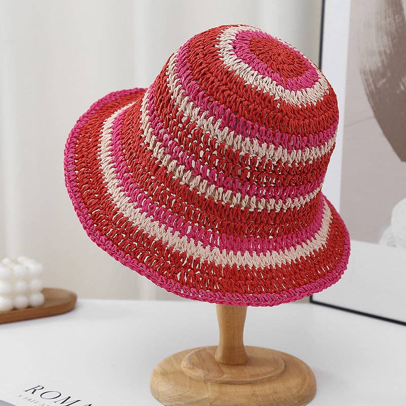 Dipped Shop - Casual Color Block Woven Staw Beach Buckt Hat 8BK6HAT23: Pink