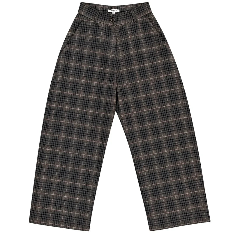 Wool Loose Barrel Pant | Black & Brown Plaid