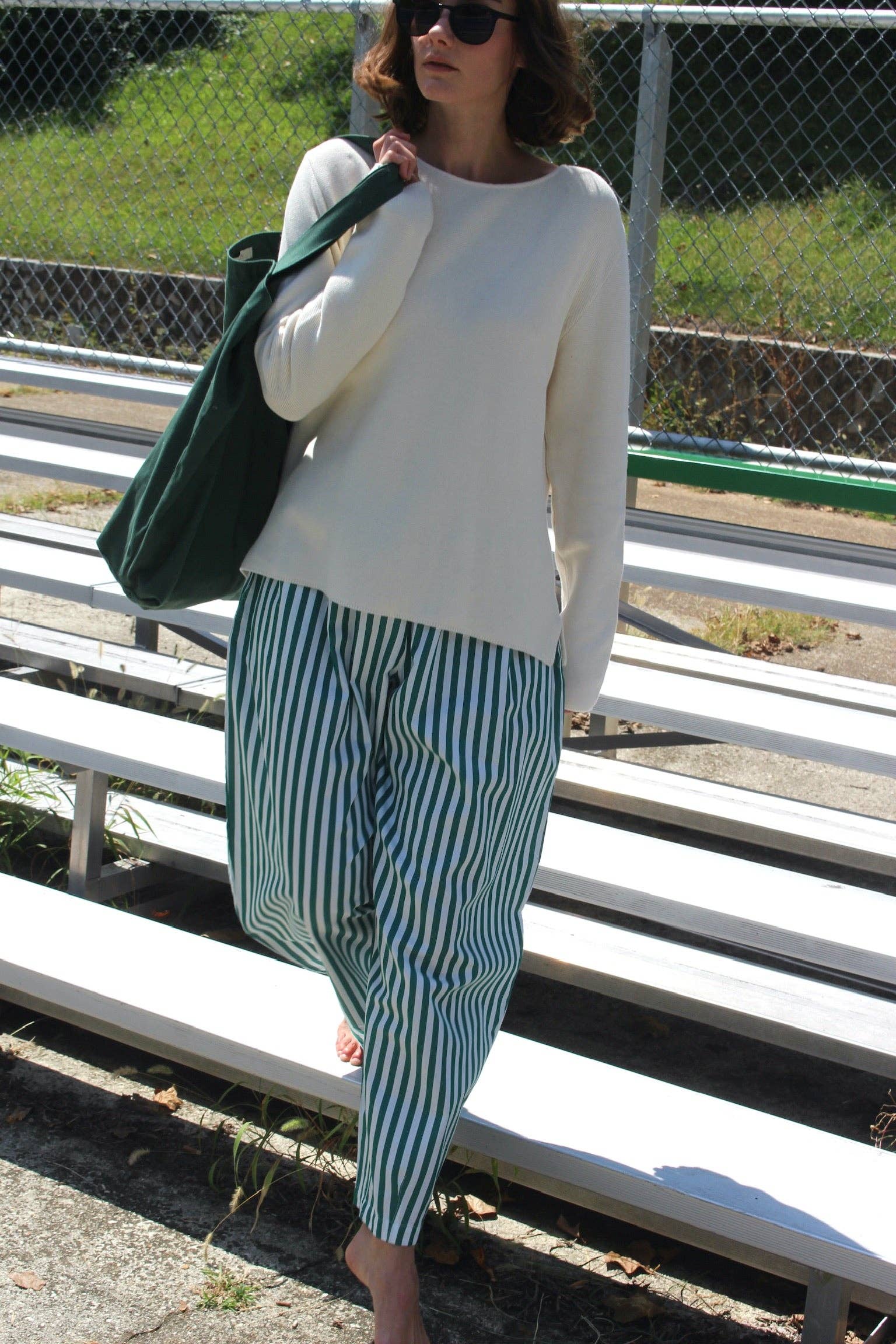 Camden Striped Poplin Curve Pant | Green & White Stripe