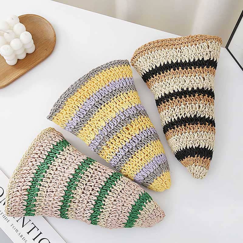 Dipped Shop - Casual Color Block Woven Staw Beach Buckt Hat 8BK6HAT23: Rose