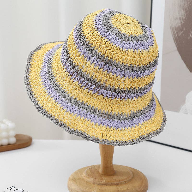 Dipped Shop - Casual Color Block Woven Staw Beach Buckt Hat 8BK6HAT23: Blue