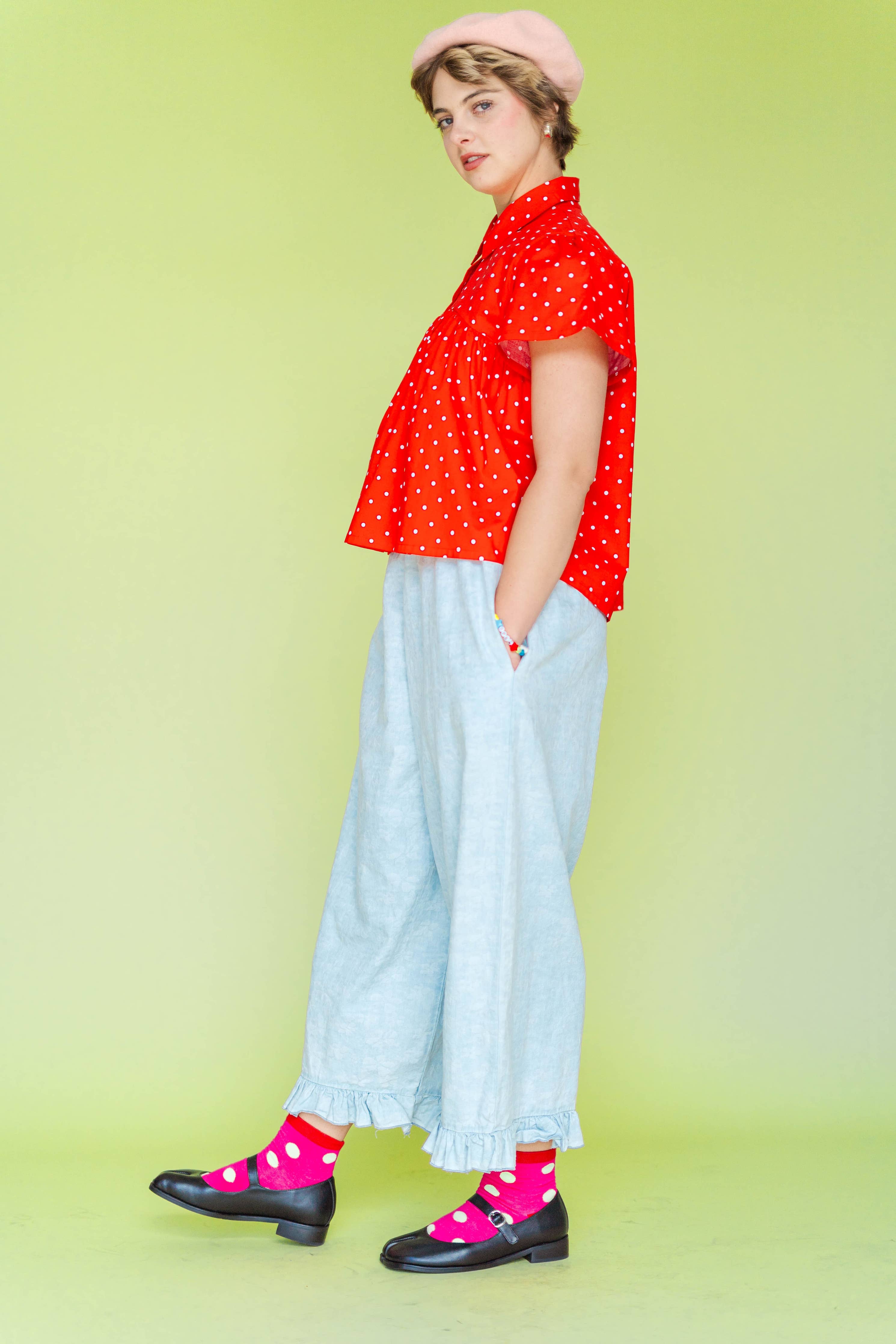 Floral Chambray Ruffle Pants
