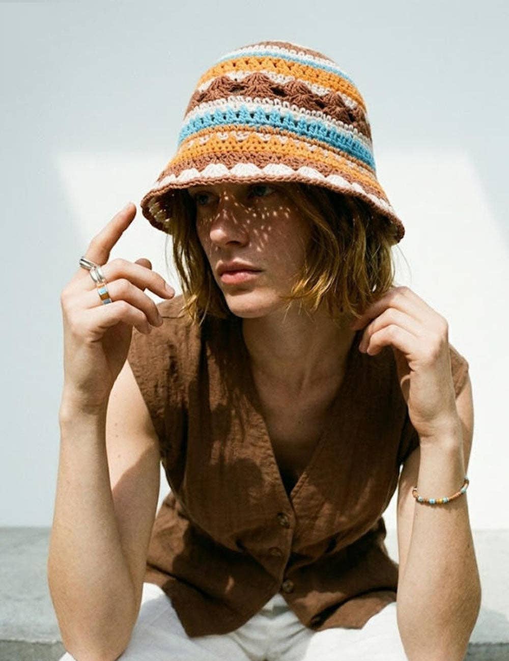 Dipped Shop - Fashion Color Block Striped Knit Bucket Hat 8BK6HAT41: Khaki
