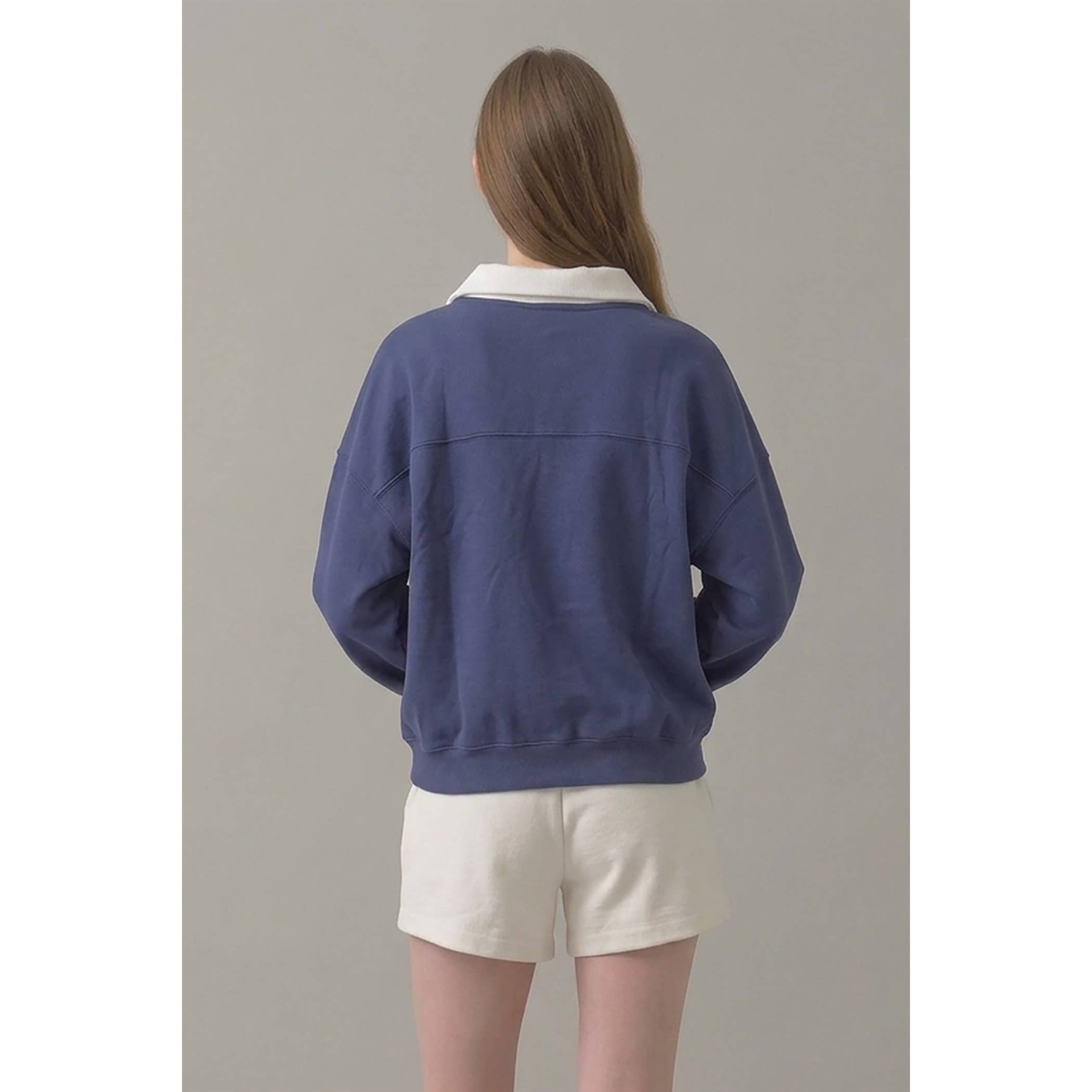 Cotton Fleece Rugby Sweatshirt | Blue + White