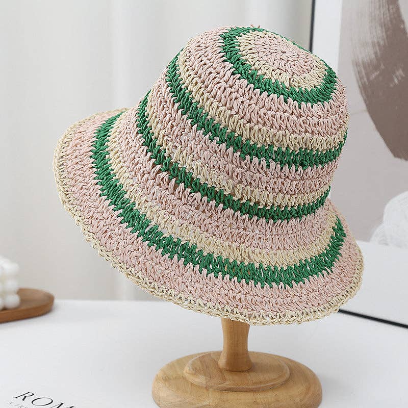 Dipped Shop - Casual Color Block Woven Staw Beach Buckt Hat 8BK6HAT23: Rose