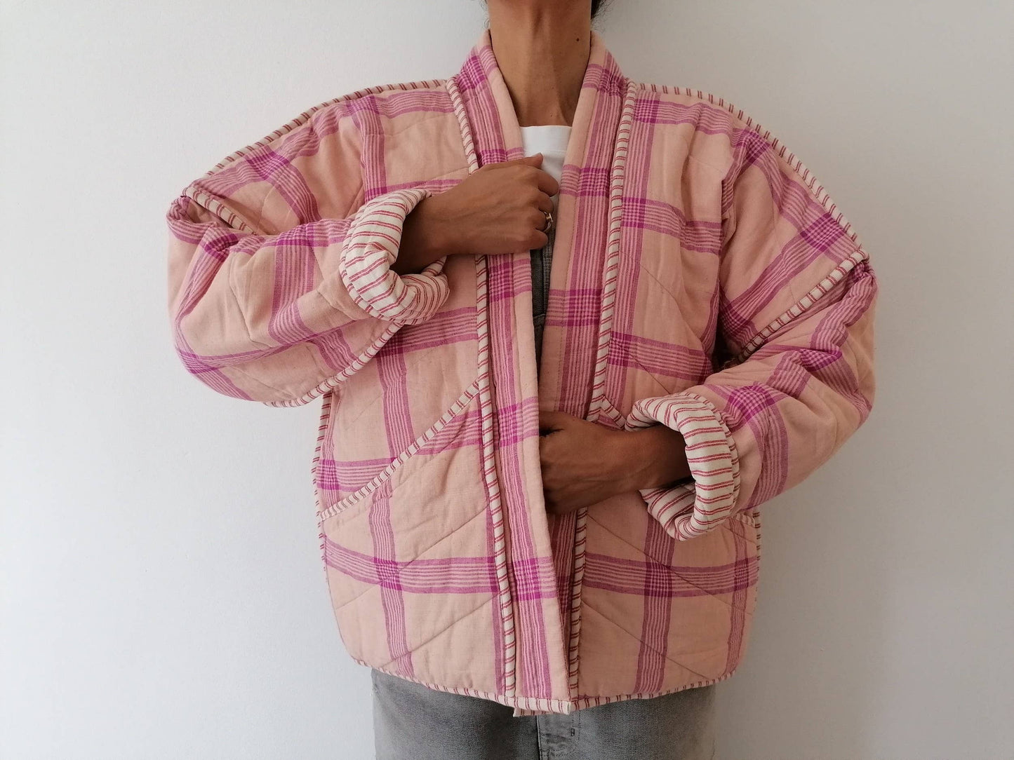 Quilted Cotton Jacket | Pink Check / Red Stripe