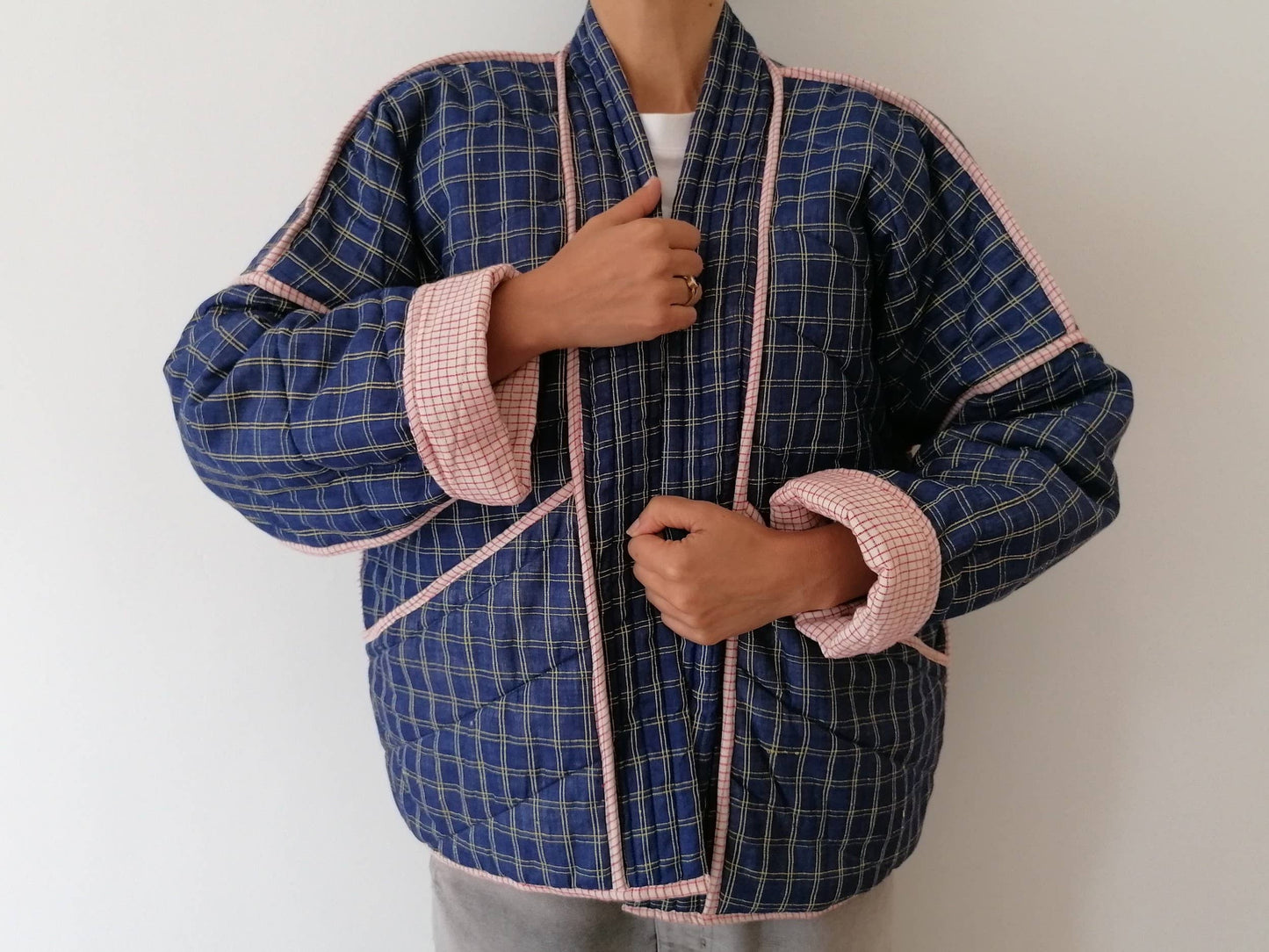 Quilted Cotton Jacket | Indigo Check / Red Check